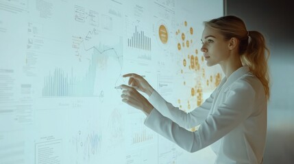Woman using interactive screen to analyze data visualizations and graphs, emphasizing data analysis and technology in modern workplace.