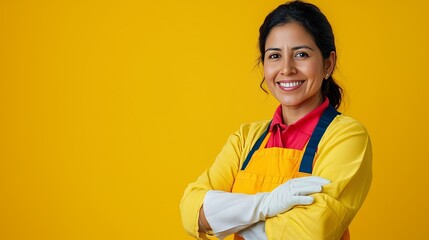 Smiling female cleaning professional in yellow apron standing confidently against a vibrant yellow background.