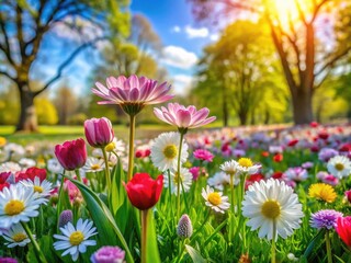 Obraz premium Colorful Spring Wallpaper with Blooming Flowers and Bright Green Grass for Fresh Home Decor