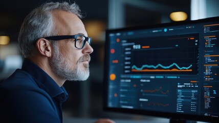 Elderly man checking pension fund growth on a digital dashboard, representing modern retirement investment silver economy, pension investment