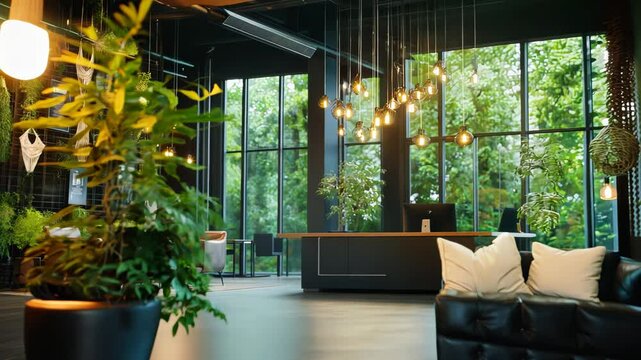 Sleek laboratory space blends with lush greenery. Glass walls reveal verdant exterior. Hanging plants and macram&eacute; add organic touch. Modern leather seating contrasts with industrial elements.