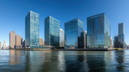 Obraz premium A panoramic skyline with glass buildings that reflect the ebb and flow of the tides at the waterfront