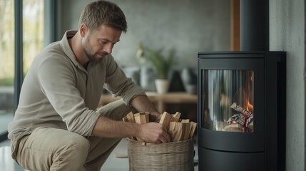 A man arranges firewood beside a modern stove in his cozy, stylish home, emphasizing practical living and home warmth.