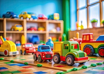 Colorful Toy Vehicles for Kids in a Playroom Setting with Bright and Engaging Background Elements