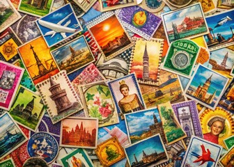 Colorful Travel Stamps Pattern Featuring Various Destinations and Cultural Symbols on Vintage Background