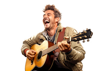Cheerful musician playing a guitar and singing	