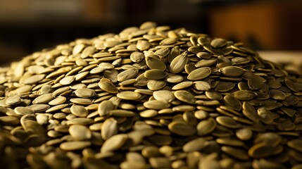 Obraz premium Close-up image of a pile of roasted pumpkin seeds, showcasing texture and detail in warm, golden lighting.