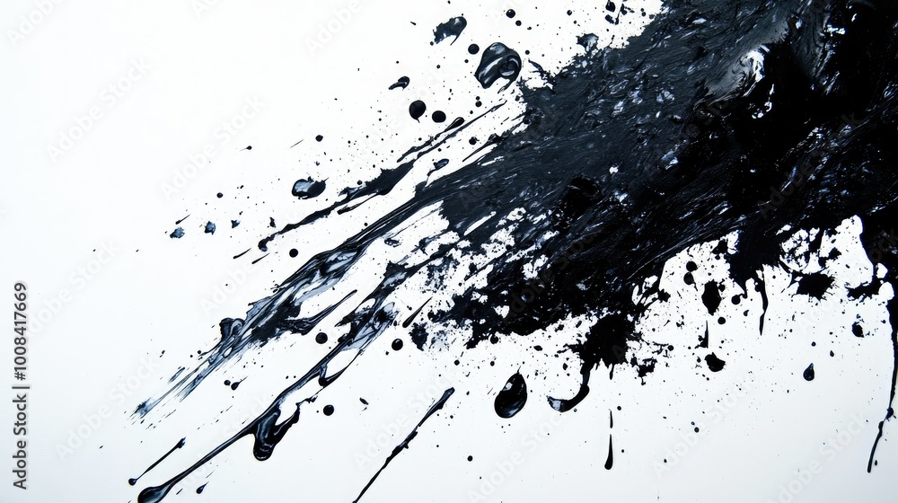Poster random black splashes and stains on a white surface, abstract and textured