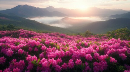 Obraz premium A field of pink azaleas on Hwangmaesan Mountain in the early morning, with sunlight breaking through the fog and distant mountain ranges framing the scene.