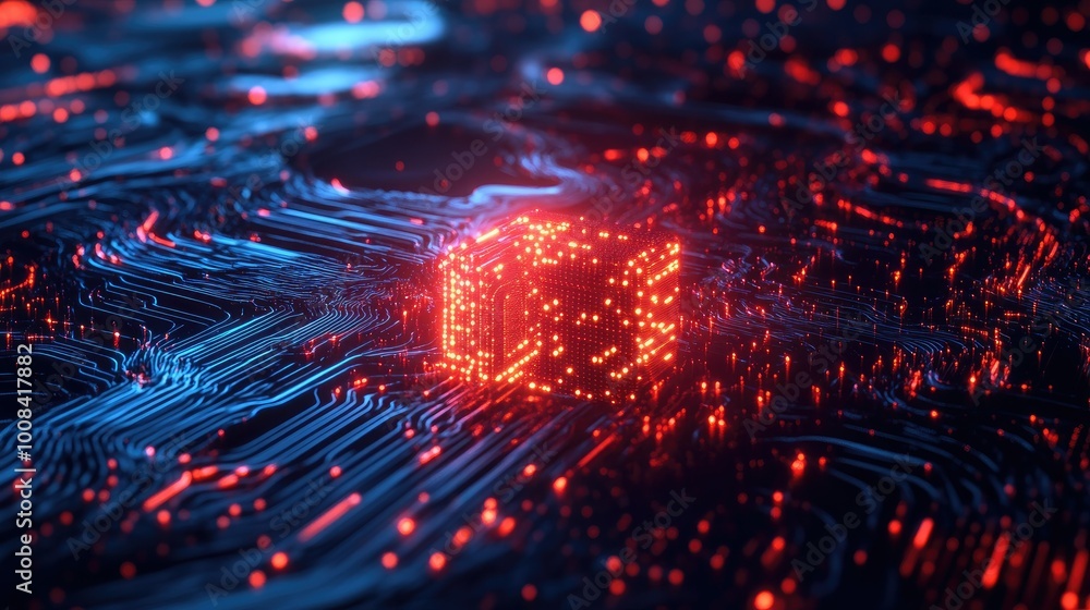 Poster a futuristic 3d fractal landscape with a glowing cpu symbol, set against a backdrop of abstract digi