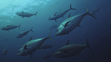 Obraz premium A breathtaking scene of yellowfin tuna swimming in unison underwater highlights the diversity of marine life