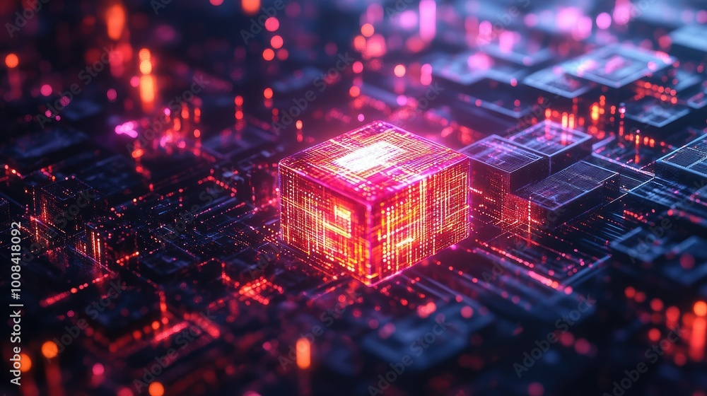 Poster a futuristic 3d fractal landscape with a glowing cpu symbol, set against a backdrop of abstract digi