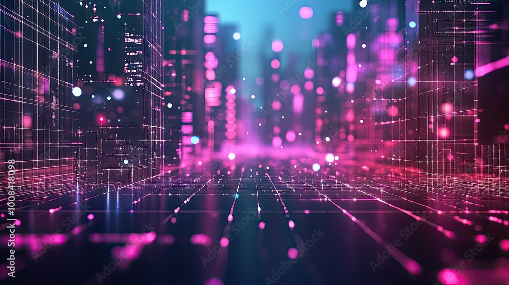 Aufkleber a futuristic digital landscape with 3d rendering of glowing grids and abstract geometric shapes, per