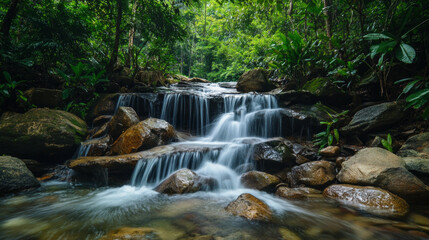 A peaceful waterfall cascades through rocks into the dense forests of Thailand’s national park, capturing the natural beauty and calm of the rainforest