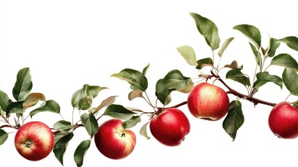 Obraz premium Red apples on a tree branch with vibrant green leaves, contrasting against a white background