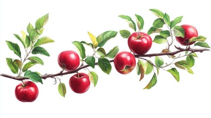 Red apples on a tree branch with vibrant green leaves, contrasting against a white background