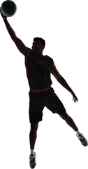 Slam dunk. Silhouette of basketball player in motion during game throwing ball in a jump isolated on transparent background. Concept of professional sport, competition, game, tournament, action
