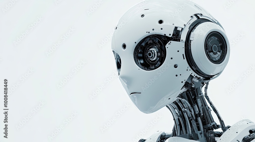 Poster close-up of a white robot's head with complex internal mechanisms