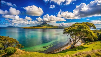 A breathtaking scene of Hauraki Gulf from Motuihe Island, showcasing the stunning volcanic cone of Rangitoto Island, a gem of New Zealand's natural beauty.