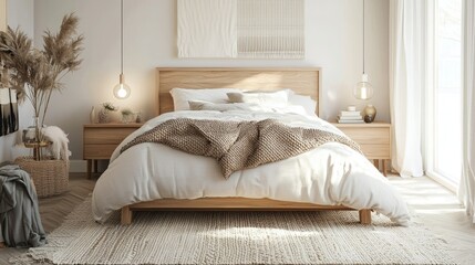 Scandinavian bedroom featuring a neutral palette, warm wood elements, and cozy textures, creating a modern yet welcoming atmosphere