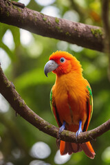 Colorful tropical bird in jungle on a sunny day. Rainforest illustration with bright beautiful birdie among exotic plants with big leaves. Background with pristine nature landscape.