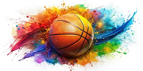 Abstract basketball artwork featuring vibrant paint splashes on a crisp white background, merging sports and art into a dynamic visual expression perfect for enthusiasts.