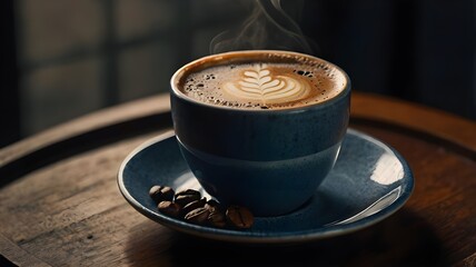 Hot cup of coffee on a table, featuring a steaming beverage, rich espresso or cappuccino aroma, perfect for a morning caffeine boost, served in a warm, cozy mug of latte