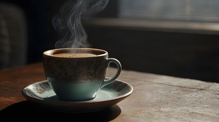 Obraz premium Hot cup of coffee on a table, featuring a steaming beverage, rich espresso or cappuccino aroma, perfect for a morning caffeine boost, served in a warm, cozy mug of latte