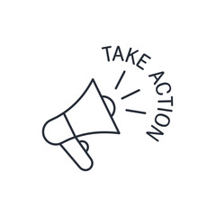 A megaphone with a call. Take action.  Vector linear icon isolated on white background.