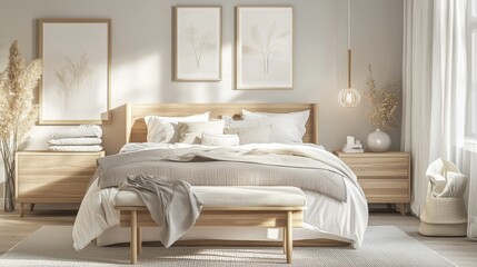 Scandinavian bedroom with modern furniture, light wood elements, soft bedding, and an overall calm and serene atmosphere