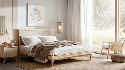 Scandinavian bedroom with modern furniture, light wood elements, soft bedding, and an overall calm and serene atmosphere