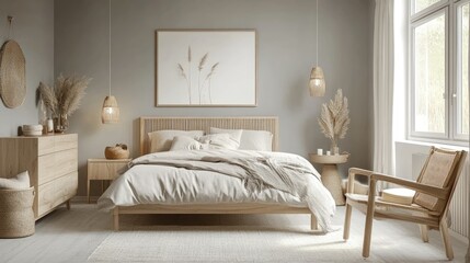 Scandinavian bedroom with modern furniture, light wood elements, soft bedding, and an overall calm and serene atmosphere