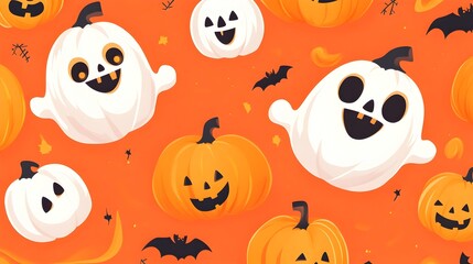 Cheerful Halloween Cartoon Ghosts and Pumpkins Background