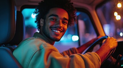 Cheerful young delivery driver in car looking at camera