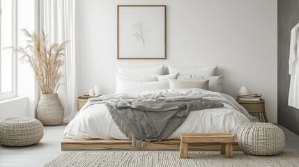 Scandinavian-style bedroom with a modern minimalist design, featuring white and grey tones, natural wood accents, and soft bedding