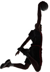 Slam dunk. Back view silhouette of young man, basketball player in motion throwing ball during game isolated on transparent background. Concept of professional sport, competition, game, tournament © master1305