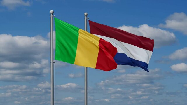 Netherlands and Mali flags flying together, video concept of the relationship, two country relations concept
