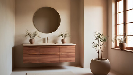 Bathroom with wooden cabinet, cozy atmosphere