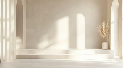 Fototapeta premium Soft white and cream background with an empty 3D-rendered stage, simple and stylish design
