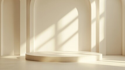 Soft white and cream background with an empty 3D-rendered stage, simple and stylish design