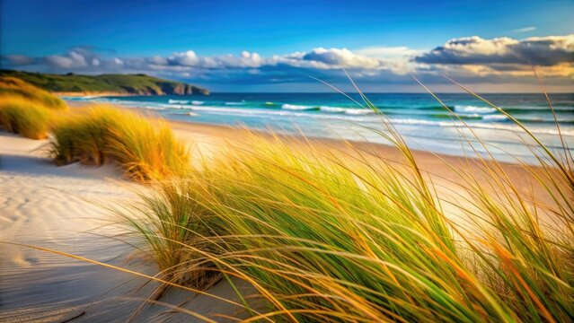 A close-up view of beach grass, or pingao, swaying gently on a coastal beach, surrounded by soft sand and caressed by a warm ocean breeze.
