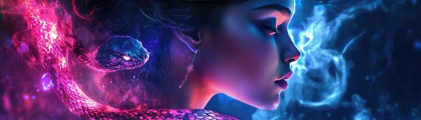 Fototapeta premium A vibrant portrait of a young woman illuminated by colorful lights, embodying a mystical and ethereal atmosphere.