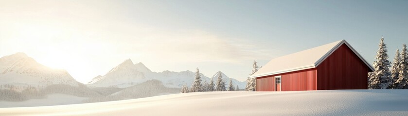 Fototapeta premium Red barn in snowy landscape with mountains and sun glowing in the background.