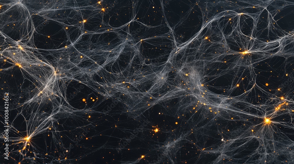 Poster web-like patterns of intertwining black and gray lines, with hints of glowing orange dots scattered 