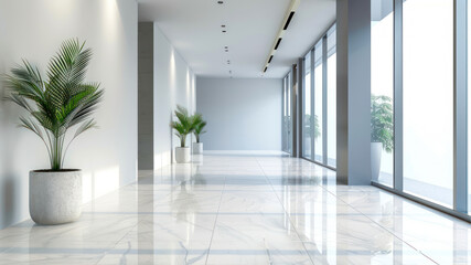 Fototapeta premium Front view of wide empty white wall in a hallway in a modern office, bright natural light, neutral tones