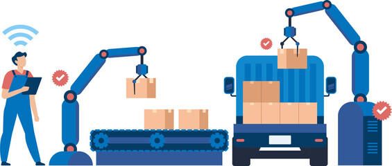 Automated Logistics Hub with Smart Inventory Management. Warehouse Crew Operating Packaging Machine for Efficient Product Handling and Distribution. PNG image. Illustration