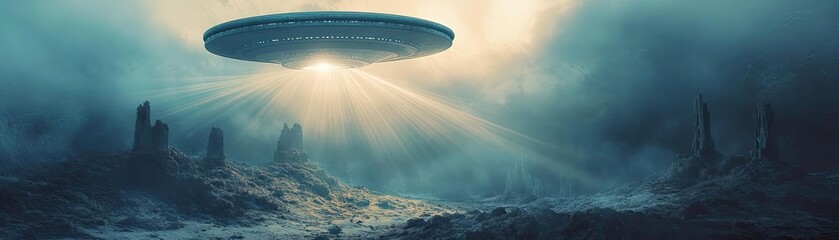 A captivating scene of a UFO hovering over a mysterious landscape, bathed in ethereal light and surrounded by fog and shadows.