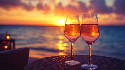 Sunset at the sea, with two glasses of rose wine on a table. Romantic setting with focus on the drinks.