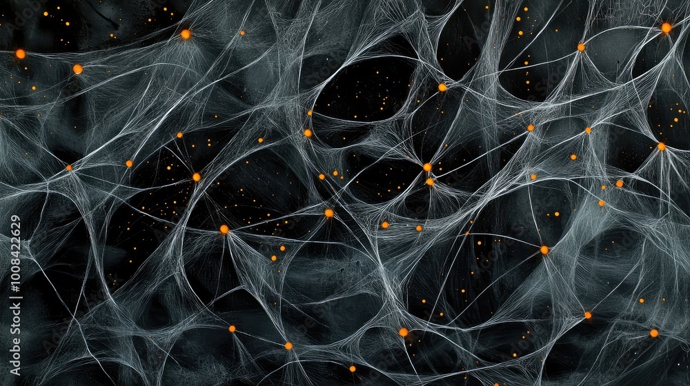 Poster web-like patterns of intertwining black and gray lines, with hints of glowing orange dots scattered 