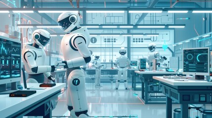 A high-tech laboratory with AI robots working alongside scientists, demonstrating collaborative innovation